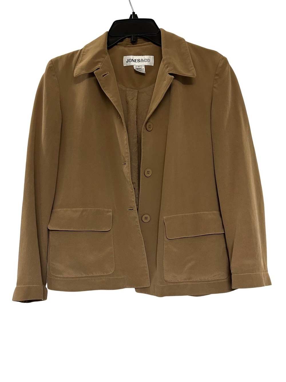 Jones & Co Vintage Silk Jacket 6 Camel Camp Collar Button Front Patch Pocket